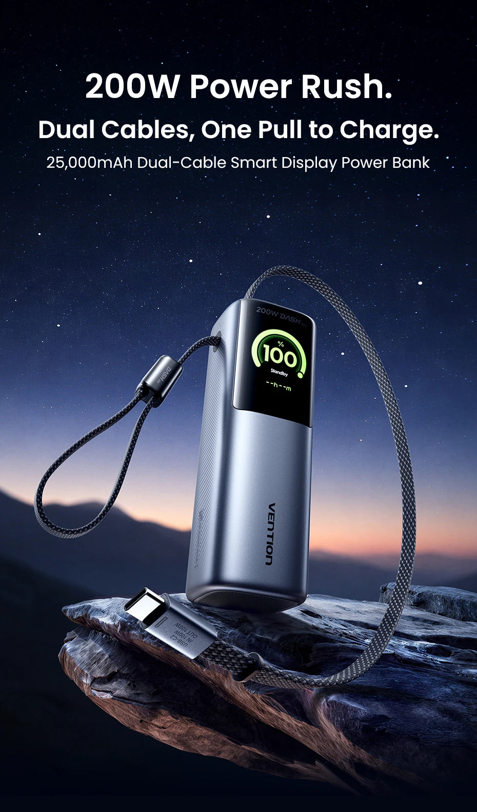 Vention 200W 25000mAh Power Bank Retractable Cables Portable PD External Battery PowerBank for Laptop Macbook Pro Fast Charge