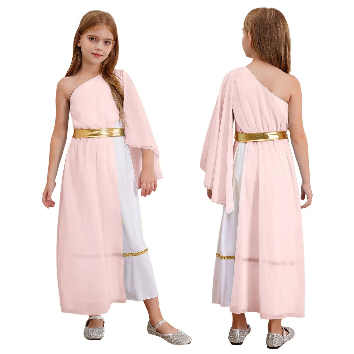 Halloween Virgin Mary Costume for Kids Girls Fancy Greek Princess Cosplay Long Sleeve Ruffle Dress with Chiffon Cape Theme Party