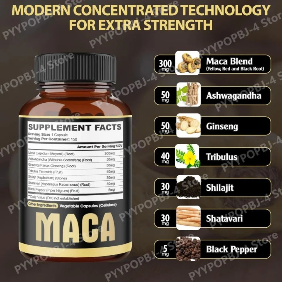 Maca Root Capsules 7-in-1 with Ashwagandha, Ginseng, Tribulus, Shilajit, Shatavari & Black Pepper, Extra Strength, 150 Count