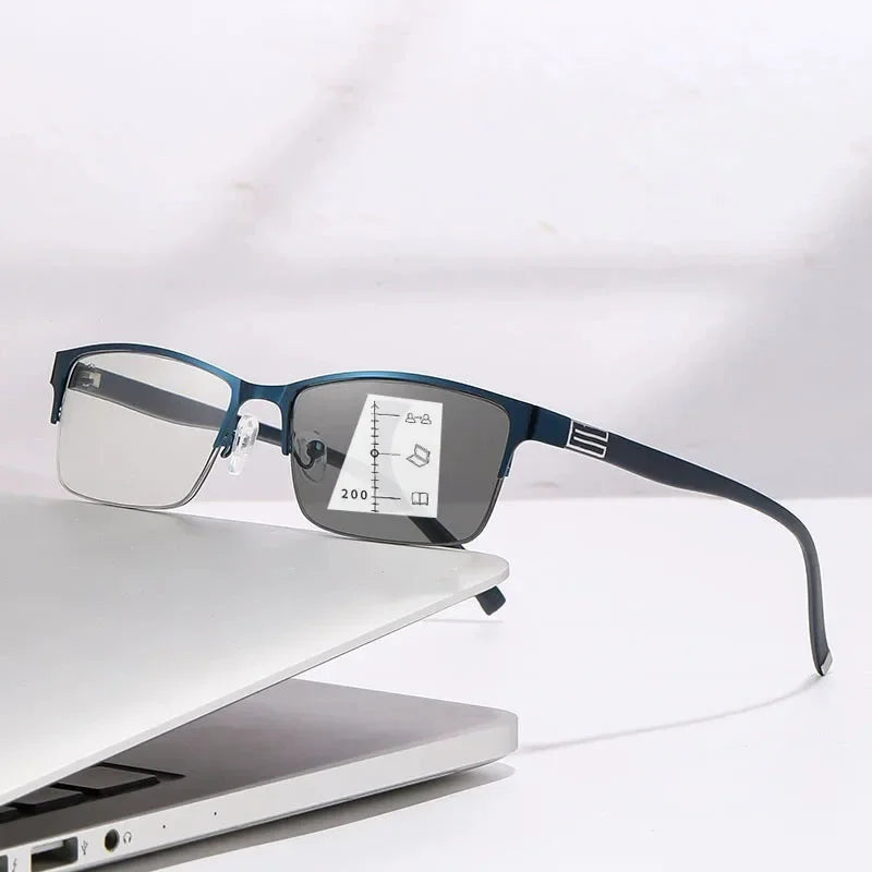 Photochromic Multifocal Reading Glasses Business Half Frame Presbyopia Eyewear Classic Color Changing Anti Blue Light Eyeglasses