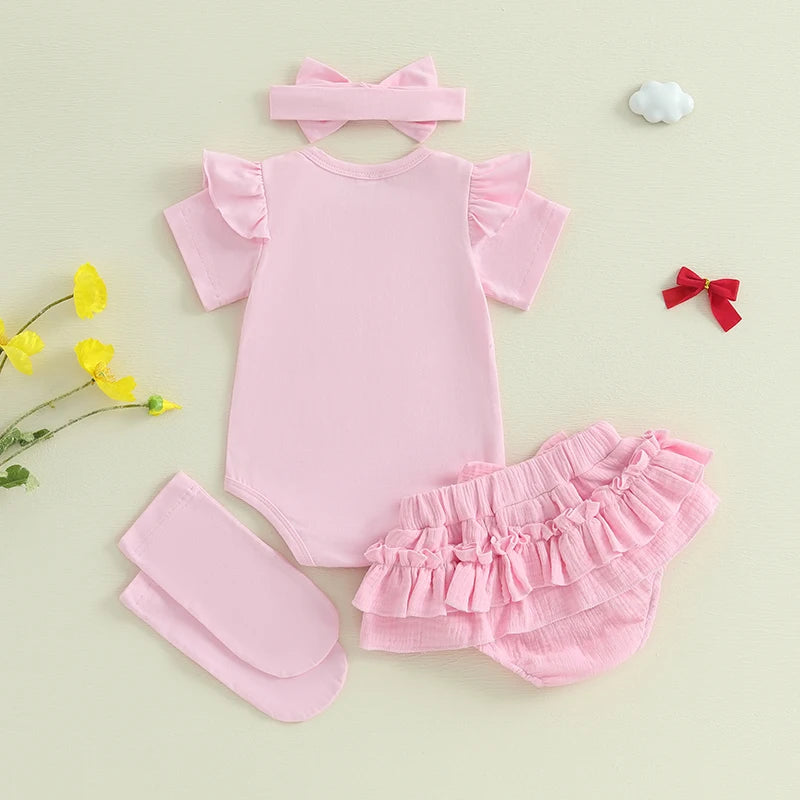 0-18M Newborn Infant Baby Girl Summer Outfits Bow Embroidery Short Sleeve Romper+Tutu Skirt Shorts+Socks +Headband Set