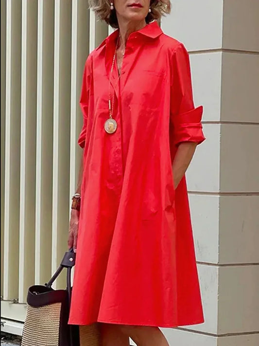 Women Casual Solid Pocket Shirt Dress Elegant Turn Down Collar Office Lady Dress Autumn Female Long Sleeve Loose Dress Vestidos