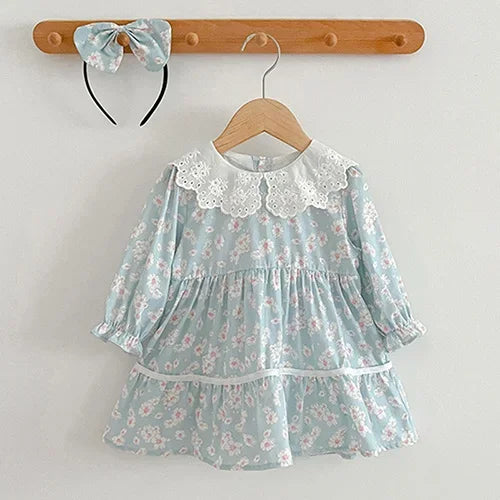 2025 New Spring Baby Sisters Dress 1-5Yrs Girl Party Dress Long Sleeved Cotton Rose Print Romper Sisters Kids Princess Dresses