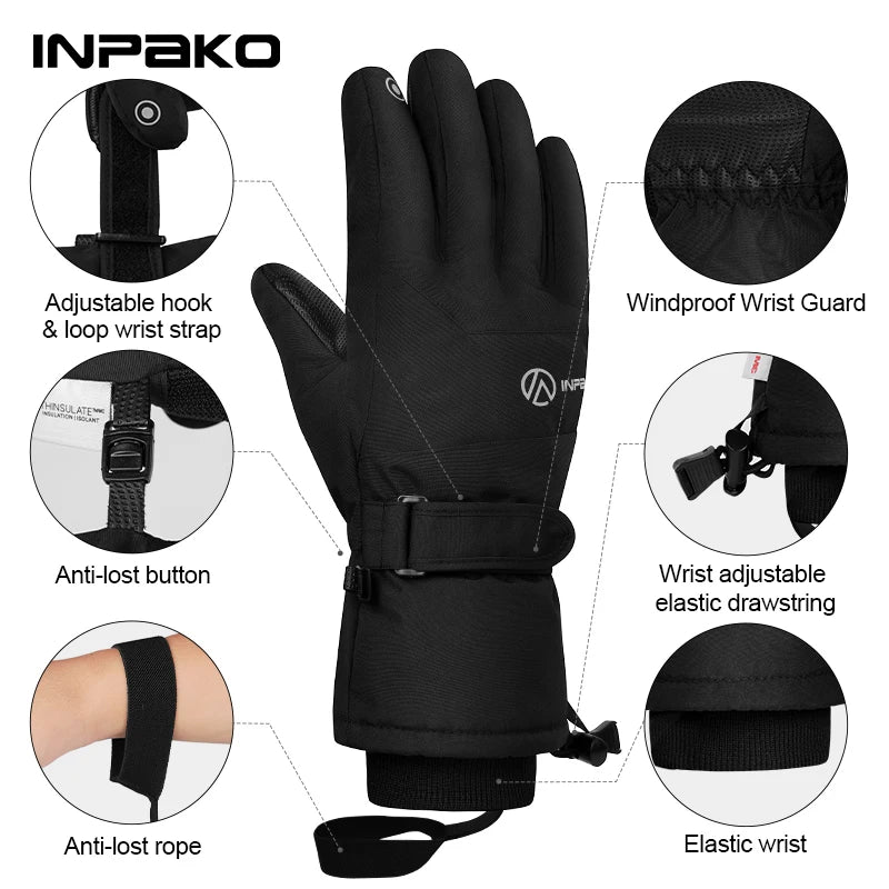 INPAKO thickened men's and women's professional ski gloves windproof winter warm snow gloves snowmobile five-finger gloves