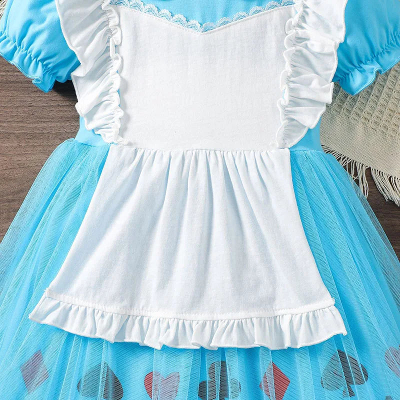 Halloween Lolita Dress Blue And White Poker Elements Princess Dress Bow Apron Baby Girls Dress Birthday Party Cosplay Costume
