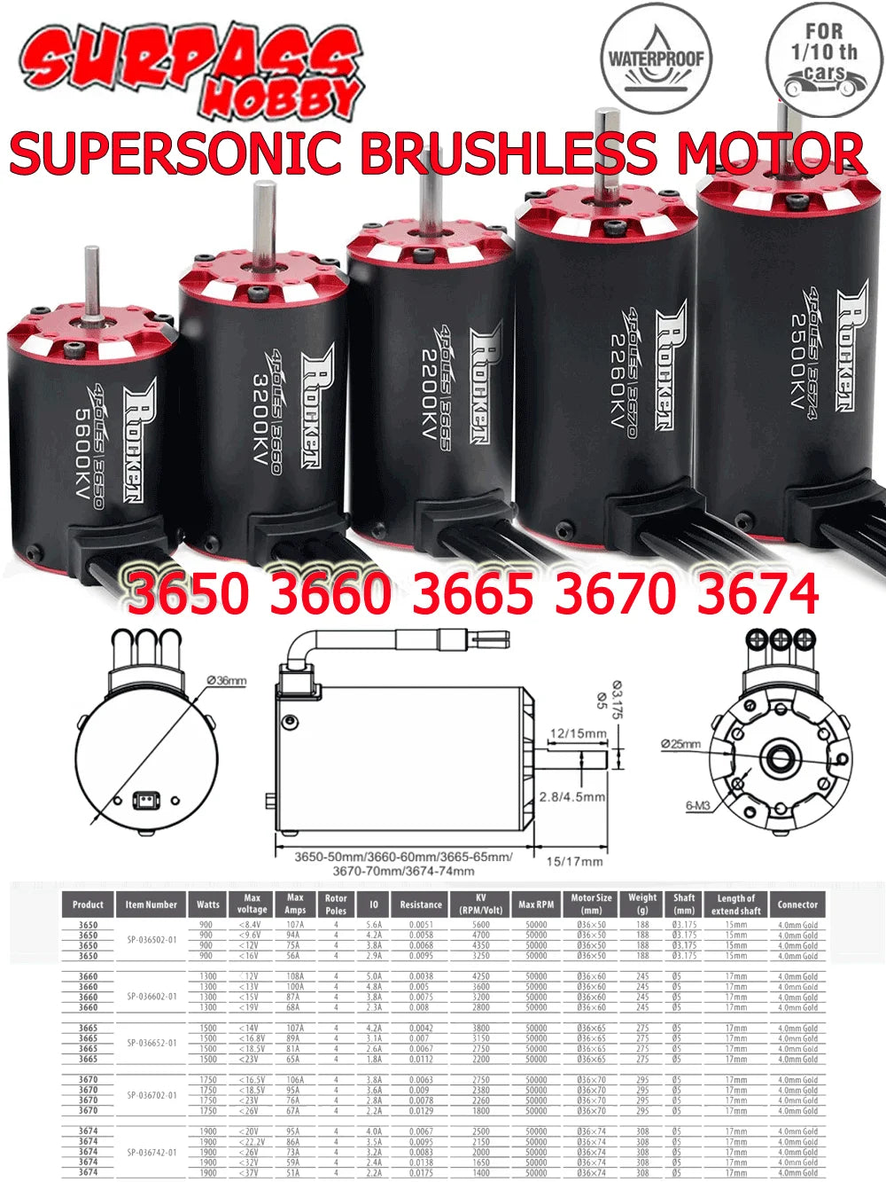RC motor Rocket V2 supersonic Brushless Motor w/ Temp Sensor 3650 3660 3665 3670 3674 for 1/8 1/10 RC Car