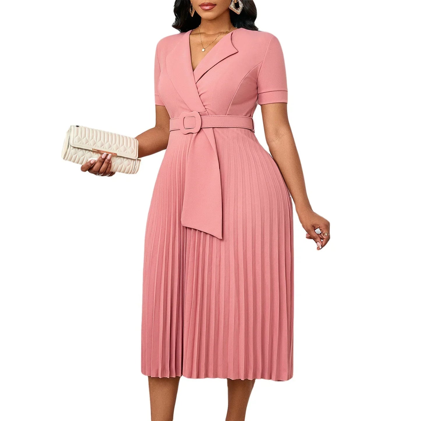 Sexy Short Sleeve V-Neck Elegant African Pleated Dress High Waist Midi Dress Fashionable Atmosphere Casual Elegant Style
