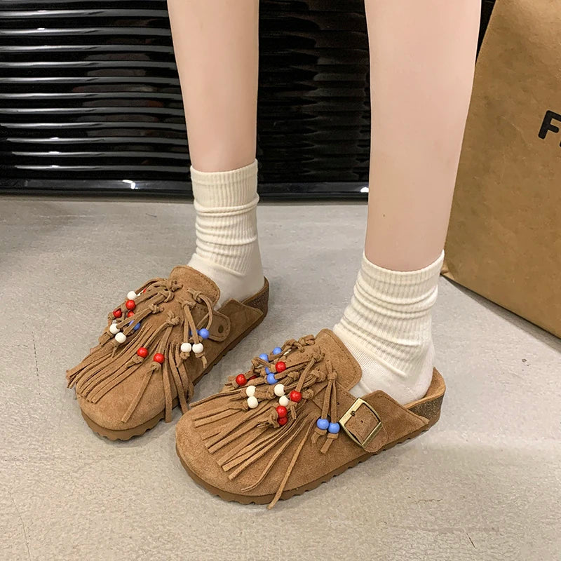 2025 Women Mules Shoes Flats Suede Women's Sandals Fringes Summer Fashion Slippers Walking Dress Cozy