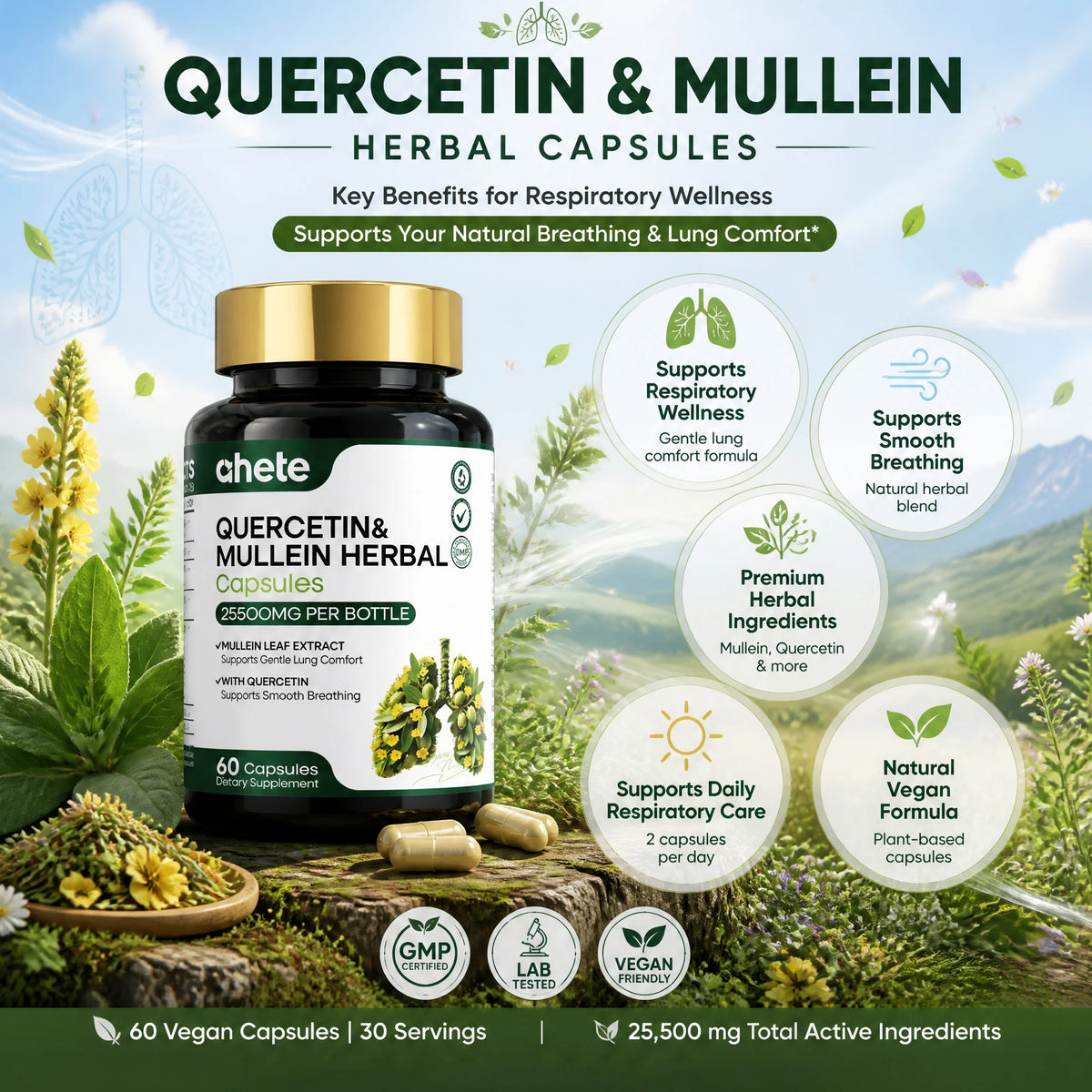 AHETE Mullein Leaf & Quercetin Capsules - High Potency Mullein And Quercetin, Lung Support Formula. Supports Respiratory Health.