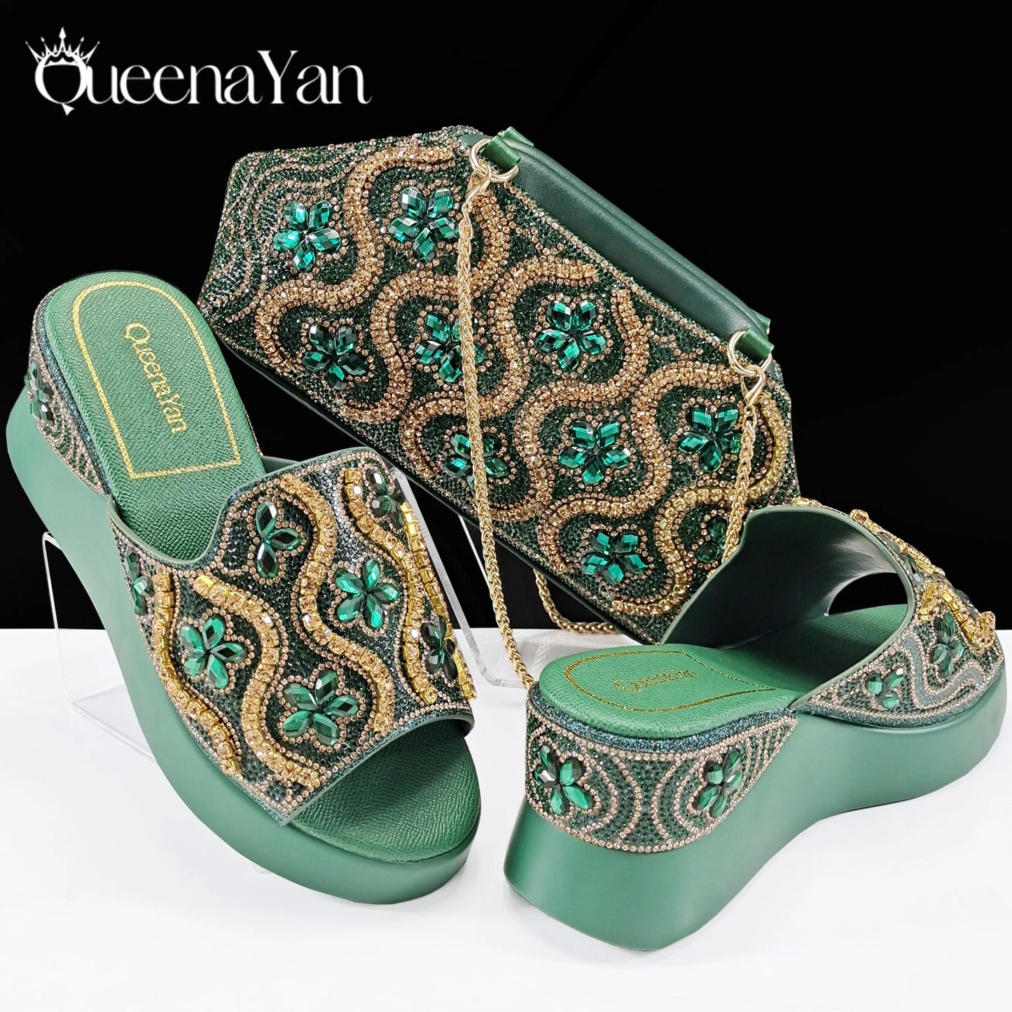 Queena Yan Popularity Open Toe Luxury Fashion Women High Heels Shoes and Bags Set With Rhinestone for  Wedding Party Elegant