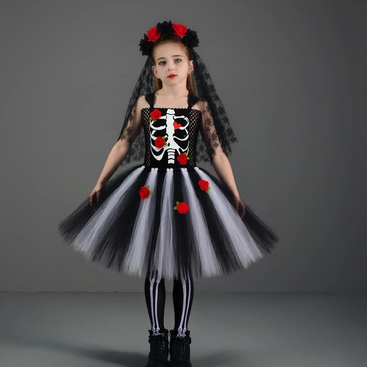 Girls Scary Skeleton Halloween Costume for Kids Zombie Corpse Bride Tutu Dress Children Day of The Dead Rose Bone Ghost Dress Up