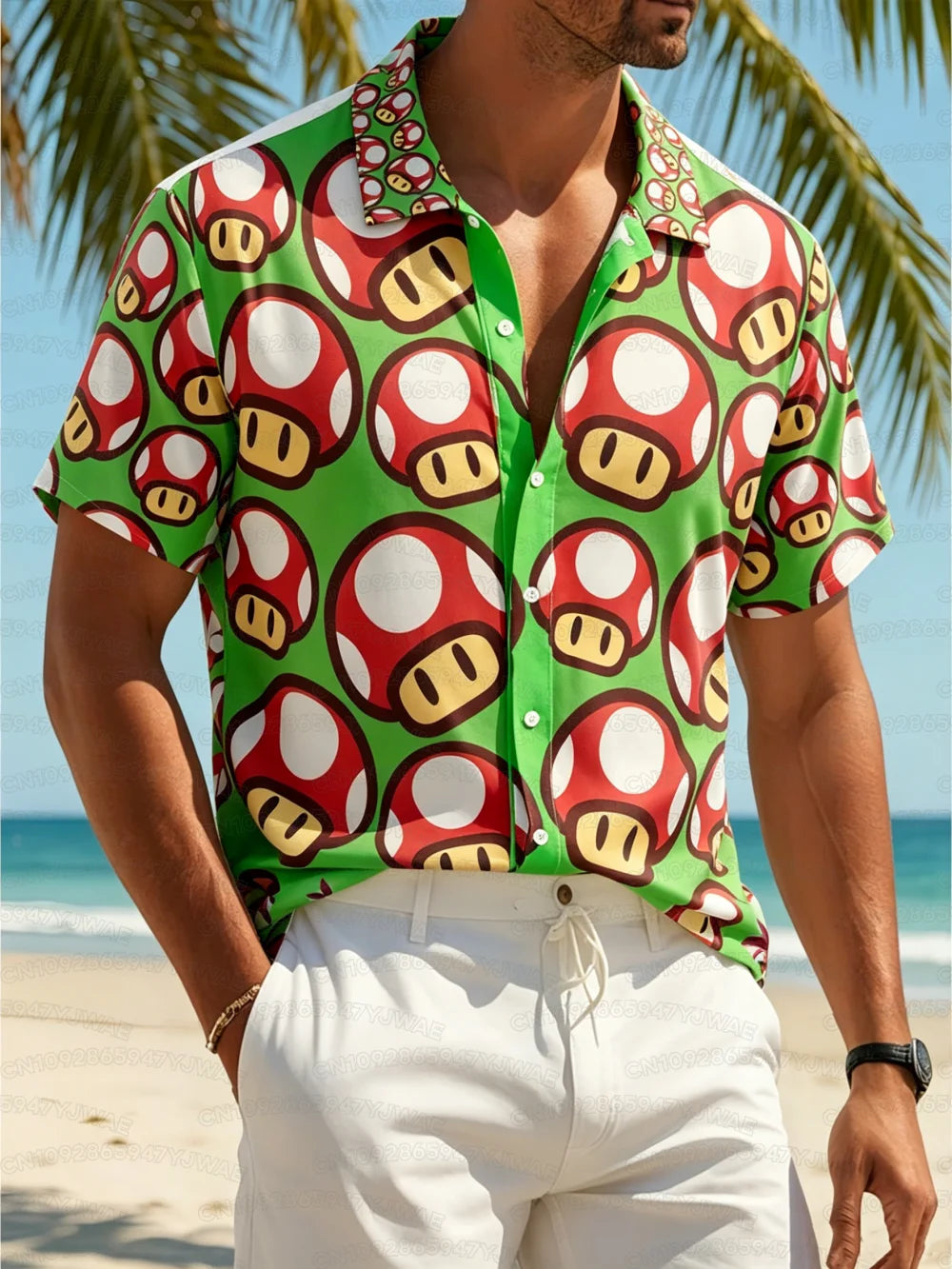 Summer Men's Women's Yoshi Full Body Printed Button Casual Hawaiian Shirt Summer Beach Vacation Short Sleeve Shirt