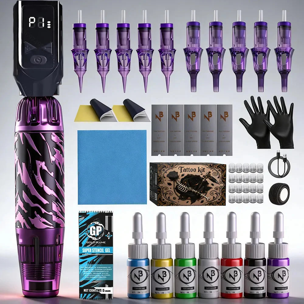 Goldplume Tattoo Set 10 Tattoo Needles Tattoo Pen Set High Power Tattoo Power Supply Tattoo Machine Set