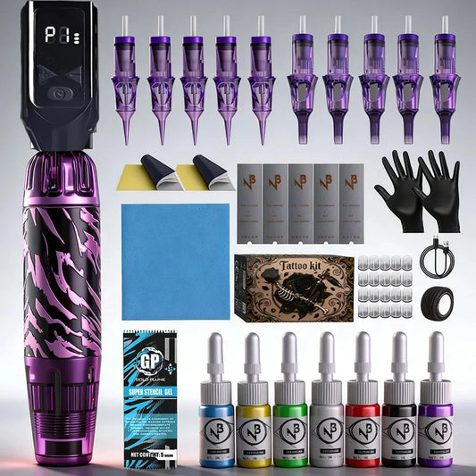 Goldplume Tattoo Set 10 Tattoo Needles Tattoo Pen Set High Power Tattoo Power Supply Tattoo Machine Set
