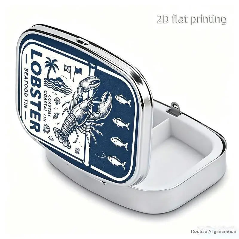 【WA】LUCKY TUNA Sardines Print Metal Pill Box, Portable 2-Compartment Travel Pill Organizer For Vitamins & Pills
