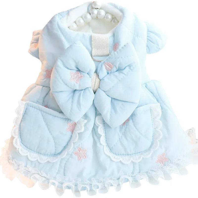 Autumn Winter Dog Clothes  Thick Cotton-padded Princess Pet Dress Coat with Embroidery for Small Dogs & Cats