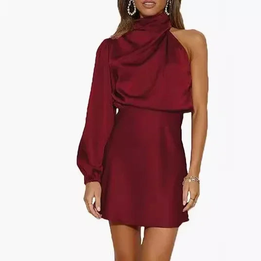 Silk Satin Long Sleeve Mini Skirt Spring 2024 Women's Single Shoulder Cocktail Dress round Neck Short Skirt Fashionable Ladies'