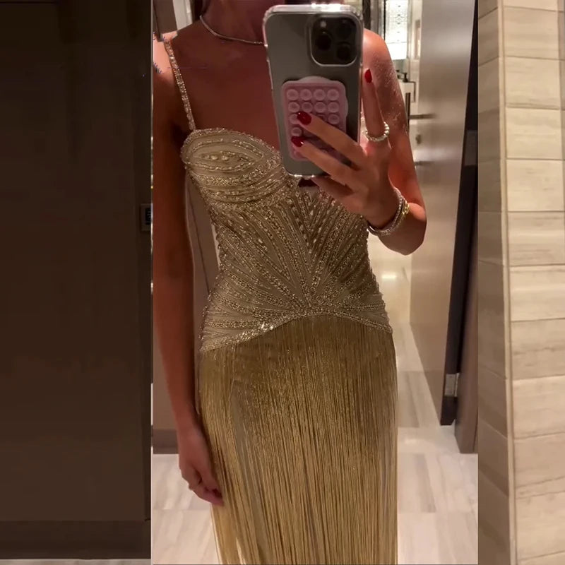 New 2026 Women's Banquet President Dress Fashion Sequin Tassel Slim Cocktail Dress Elegant Temperament Off Shoulder Strap Dress