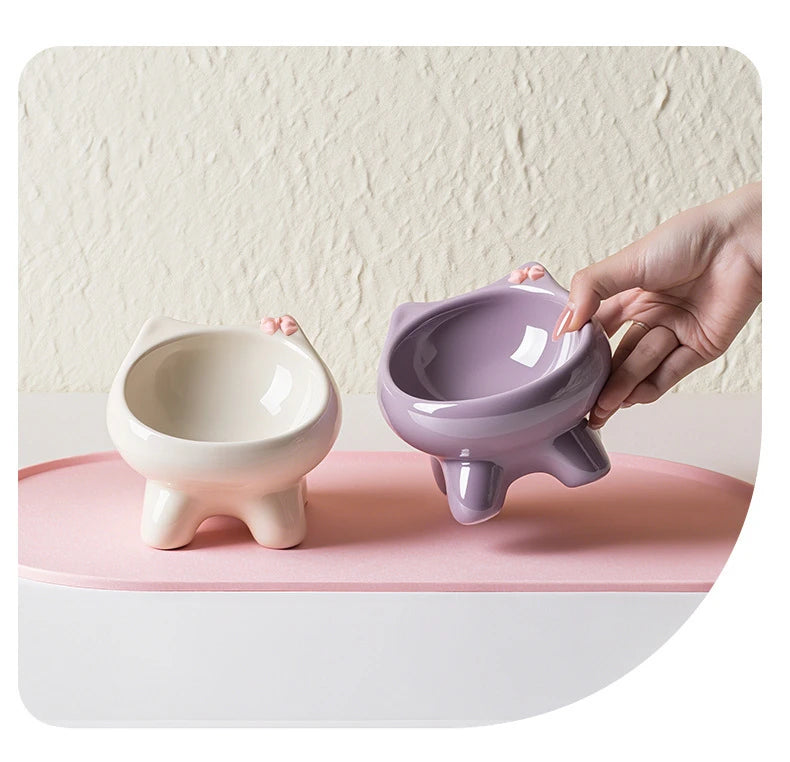 Ceramic Heightening Bowl Set | Cute Macaron Color Series，Slanted Spill-Proof，Cat Slow Feeder Bowl，InsEasy to Clean，Multi-Color O