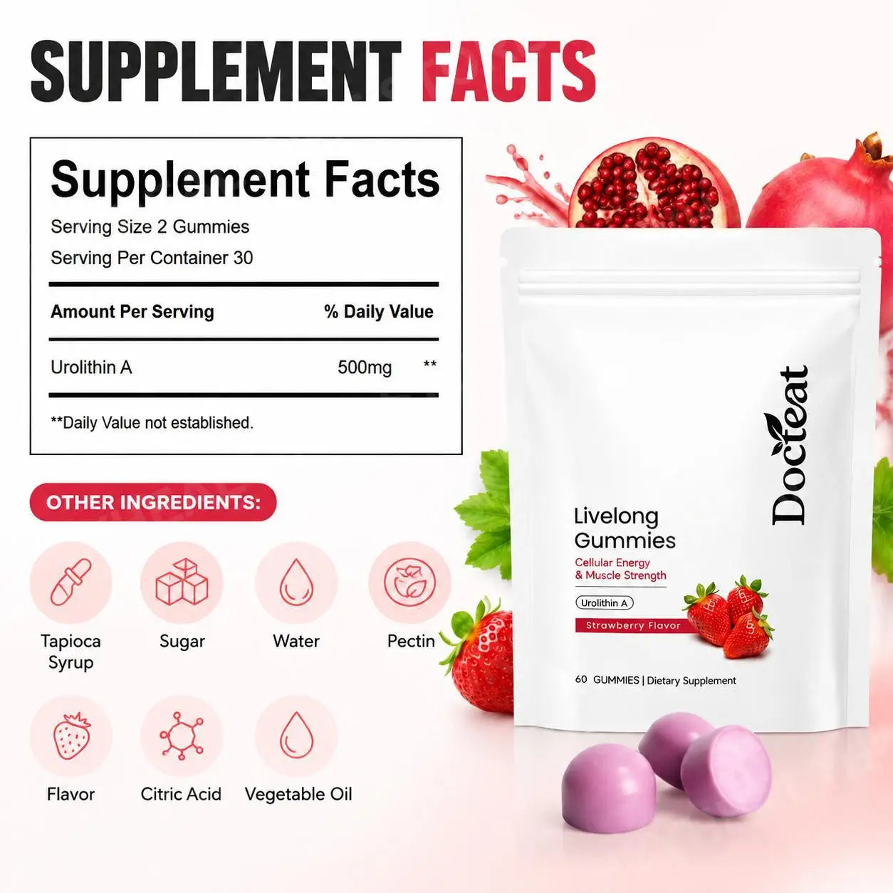 Docteat Urolithin A Gummies 500mg per Serving, Strawberry Flavor Daily Cellular Wellness Support, 60 Gummies for Men Women