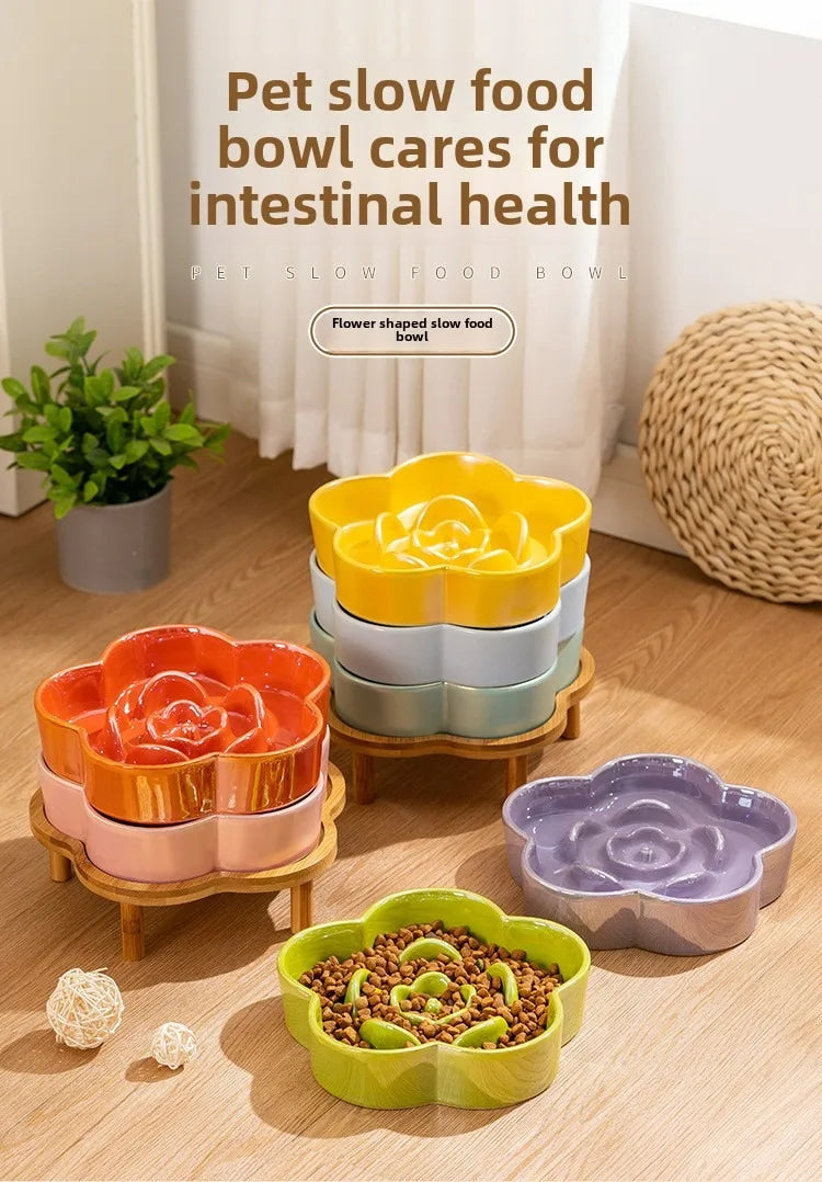 Ceramic Dog Slow Food Bowl Anti-choking Medium and Large Dog Food Basin Cat Bowl with Wooden Frame Pet Feeding Supplies With