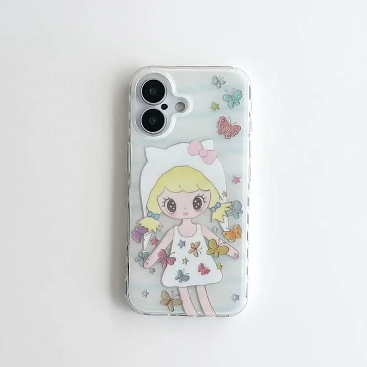 Cartoon Anime Girl Phone Case for iPhone 17 16e 16 15 14 13 12 11 Pro Max X Xs XR XSMax 8 7 6 6s Air Plus Feather Texture