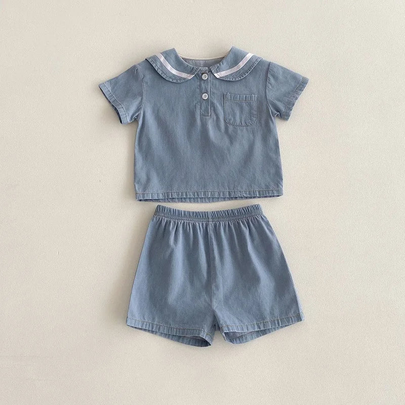 2025 Summer New  Korean Style Baby Short Sleeve Denim Set Sailor Collar Sleeve T-shirts Top Tees+Kid Shorts  two-piece set  0-4T