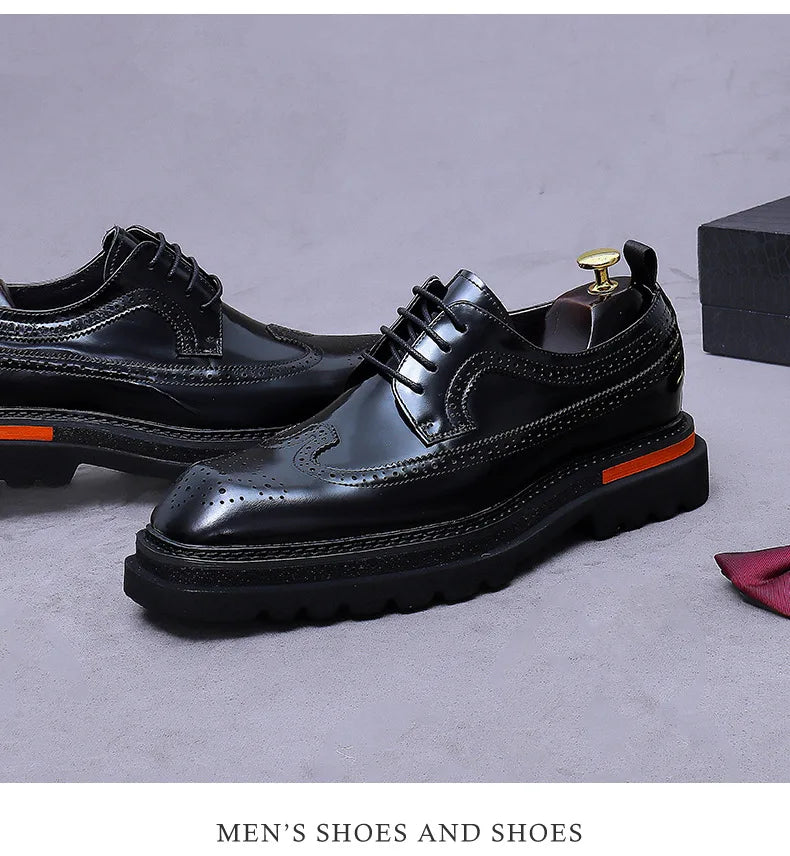 Men's Brogue Platform Oxford Shoes Genuine Leather Thick Sole Formal Dress Shoes for Men Business Casual Lace Up Luxury Oxfords