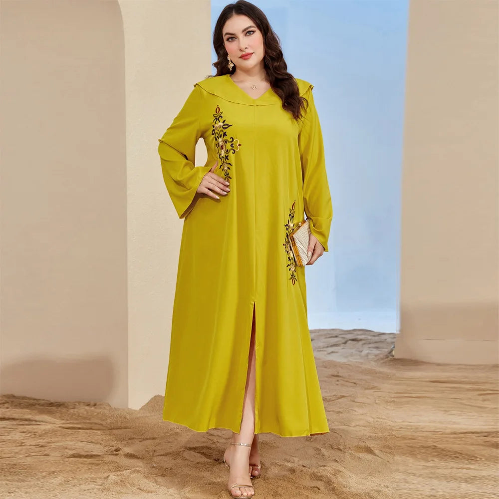 Long Sleeves Embroidered Abayas for Women Loose Casual Dress Plus-size Women's Dress Temperament Printed Muslim Dress Streetwear
