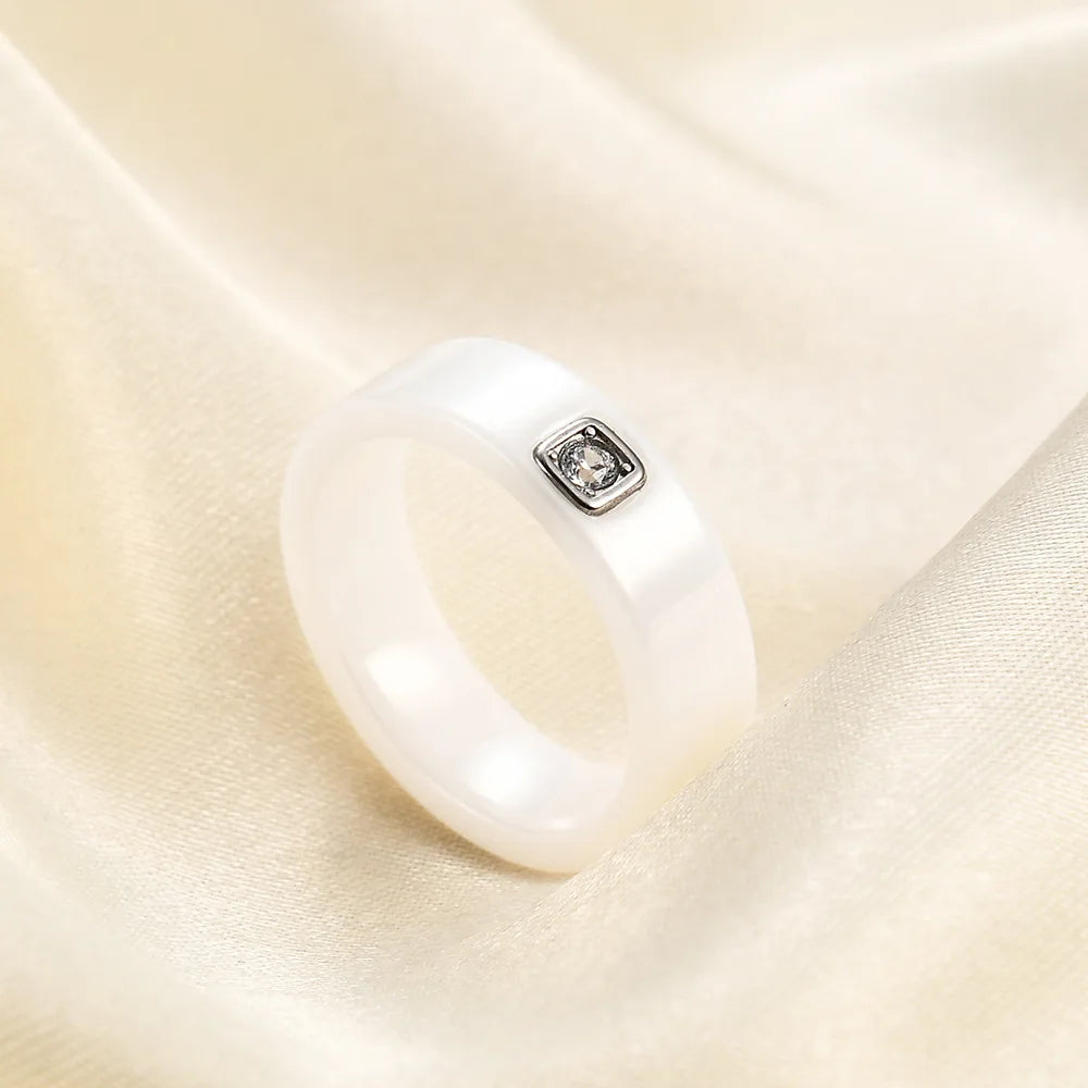 6mm Black/White Ceramic Rings For Women Dazzling Cubic Zircon Stainless Steel Engagement Wedding Ring Fashion Jewelry