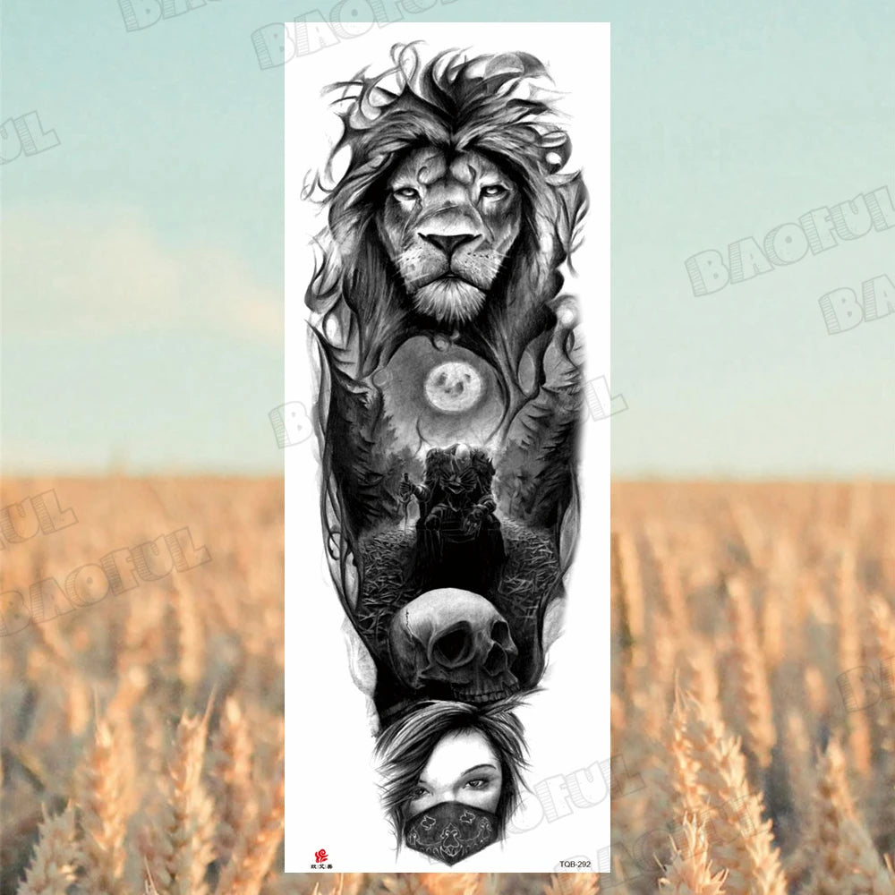 BAOFUL Full Arm Sleeve Temporary Tattoos For Women Men Realistic Wolf Lion Warrior Maori Fake Tattoo Stickers Thigh Leg Tatoos