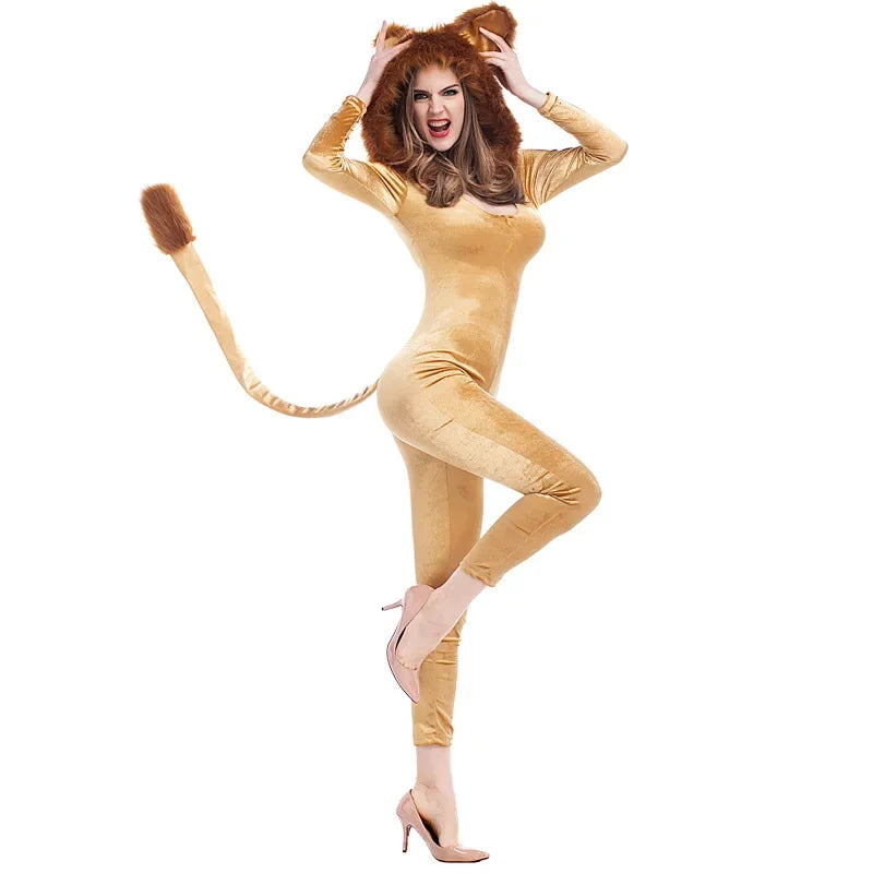 Halloween Costume For Adult Women Lion King Cosplay Animal Cartoon Lion Plush Hooded Jumpsuit With Tail+Leg Cover
