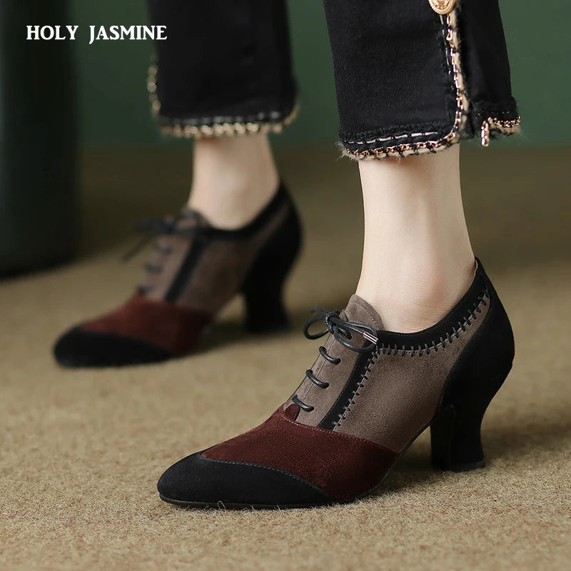 2025 New Spring Autumn Retro Mature Women Pumps Office Ladies High-heeled Lace-Up Genuine Leather Suede Shoes Woman High Quality