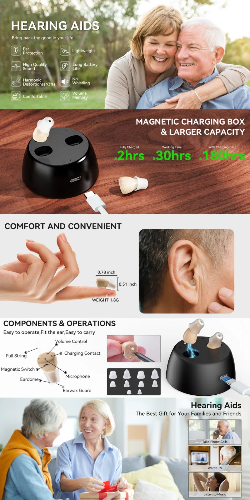Rechargeable Noise-Canceling CIC 110D Hearing Aids Senior Invisible Hearing Aid for Seniors with Severe Hearing Loss