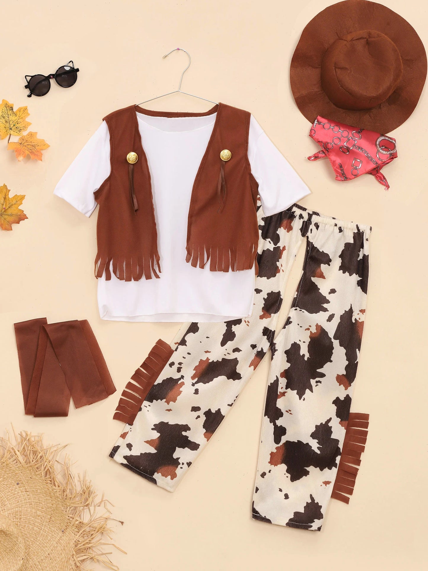 6Pcs Boys Western Cowboy Bandanna Halloween Cosplay Costume Dress Up T-shirt with Pants Vest Hat Bandana And Waistband Set