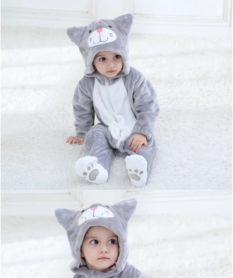 Lovely Cat Costume Baby Boys Girls Clothes Romper Soft Flannel Hooded Bodysuits Pajamas Winter Infant Jumpsuit Toddler Outfits