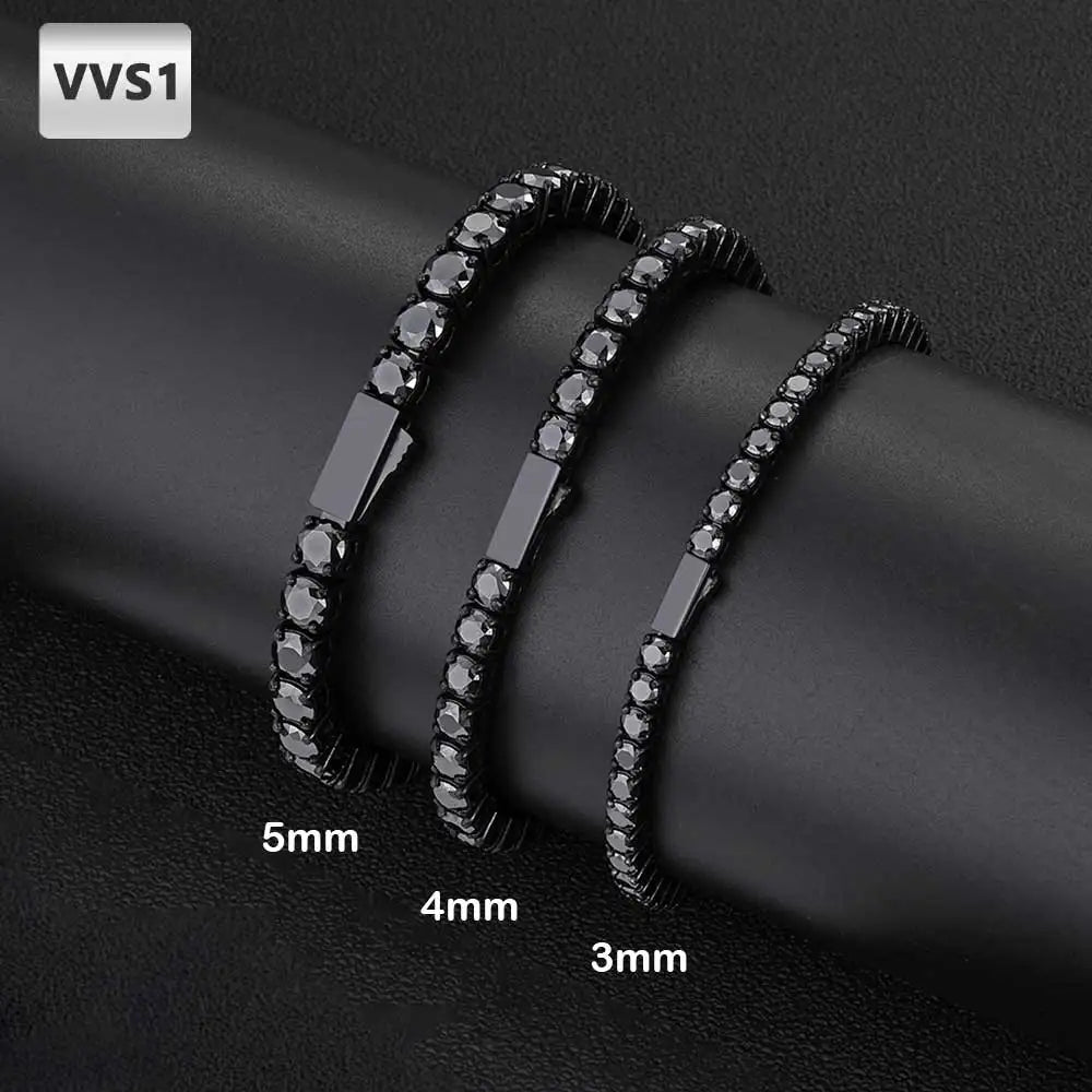 Nuoya 3mm 4mm 5mm Black Moissanite Tennis Chain Stainless Steel Iced Out Tennis Bracelet for Men Women Round Cut Hip Hop Gift