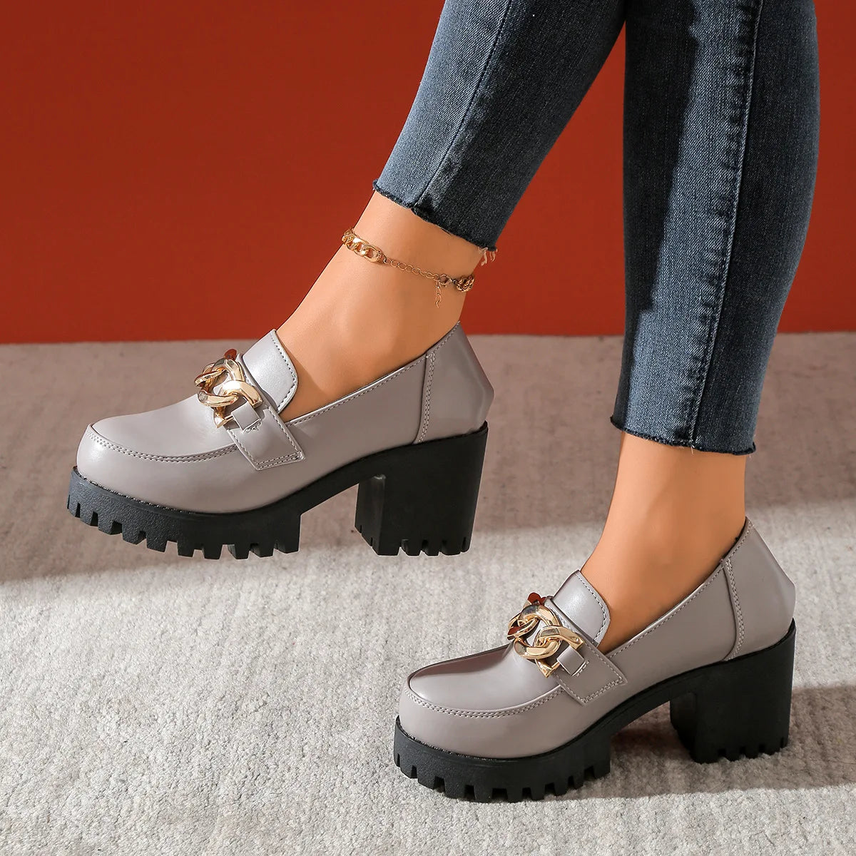 Women's Large Size Thick Heel Slip-On round Toe Leather Shoes Spring Autumn New Style Korean Style PU Leather Mid Heel