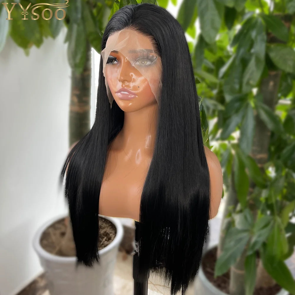 YYsoo 1# Long Silky Straight Dark Black Synthetic Full Lace Wigs for Women Heat Resistant Japan Futura Hair All Hand Tied Wig
