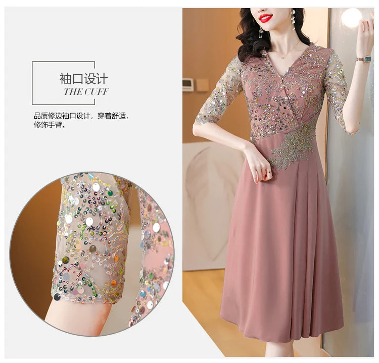 Summer New Sequins Luxury Chic Evening Wedding Dress 2024 Women's Elegant Bodycon Midi Dress Satin Vintage Casual Party Vestidos