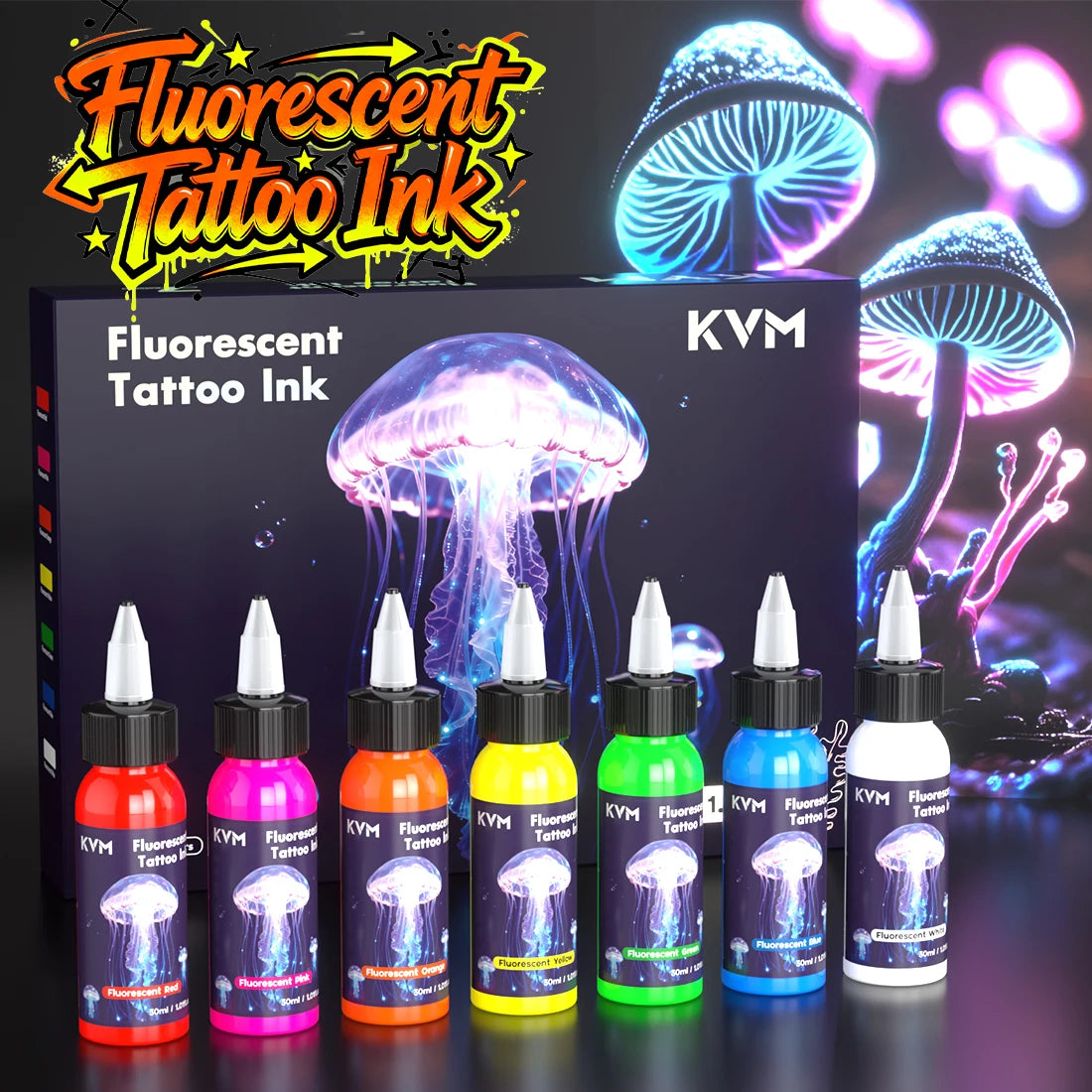 Fluorescent Tattoo Ink 30ml 7 Color Pigment Equipped with Ultraviolet Light Illumination Suitable for Body Art Tattoo Supplies