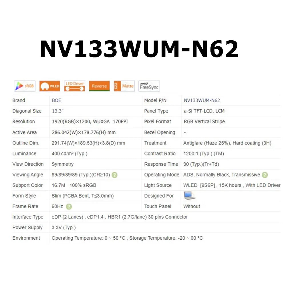 NV133WUM-N62 N133JCG-GT1 Original NEW 13.3"INCH Laptop LCD Screen WUXGA1920x1200 30PINS FOR HP EleteBook 830 G9 835 G9