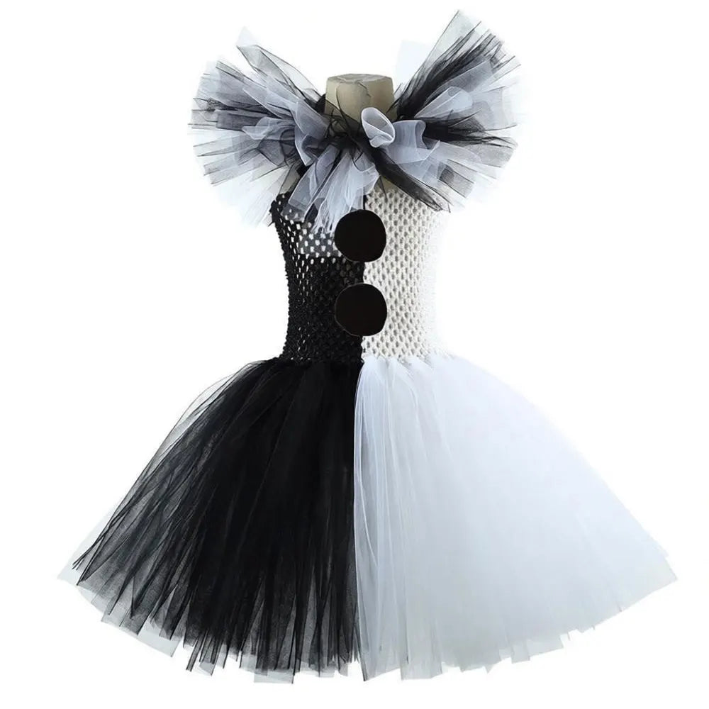 Girls Halloween Clown Costume Dress Kids Black White Scary Clown Dress with Hat Socks Gloves Set Carnival Cosplay Party Outfit