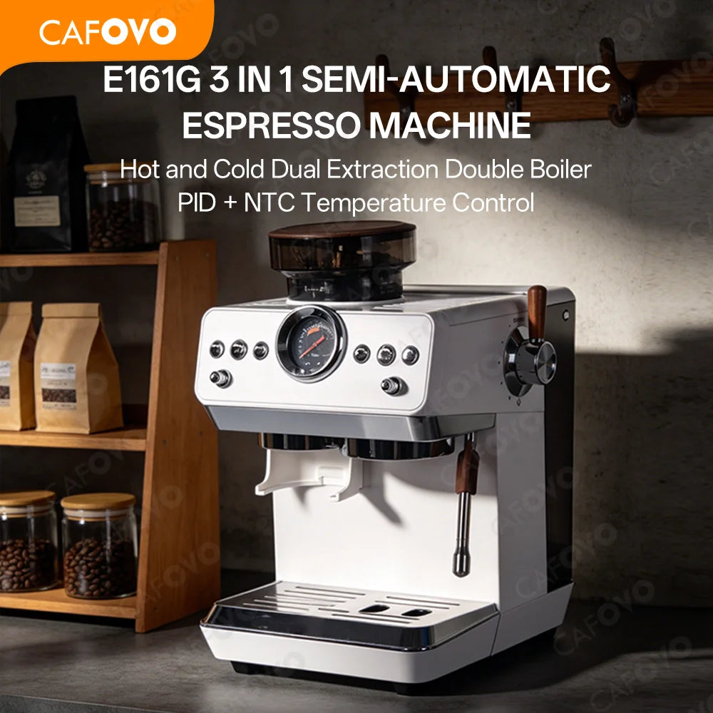 CAFOVO E161G 3-in-1 Semi-automatic Coffee Machine with Burr Grinder Frothing Milk for Home Barista Espresso & Cold Brew 220V