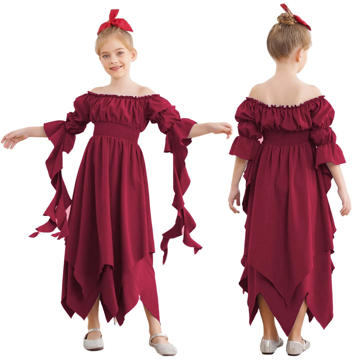 Girls Halloween Medieval Renaissance Witch Vampire Cosplay Costume Victorian Gothic Dress Off Shoulder Smocked Irregular Gown