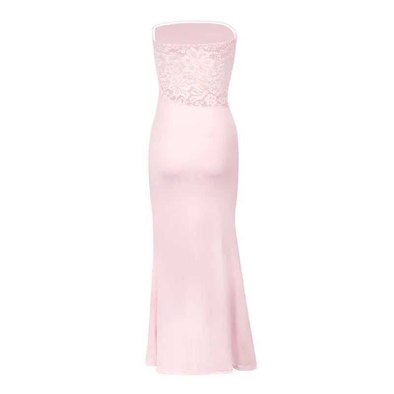 Summer New Women Maxi Dresses Pink Sexy Lace Sweet Sleeveless Backless Dress Streetwear Fashion Casual Slim Lady Dress Clothing