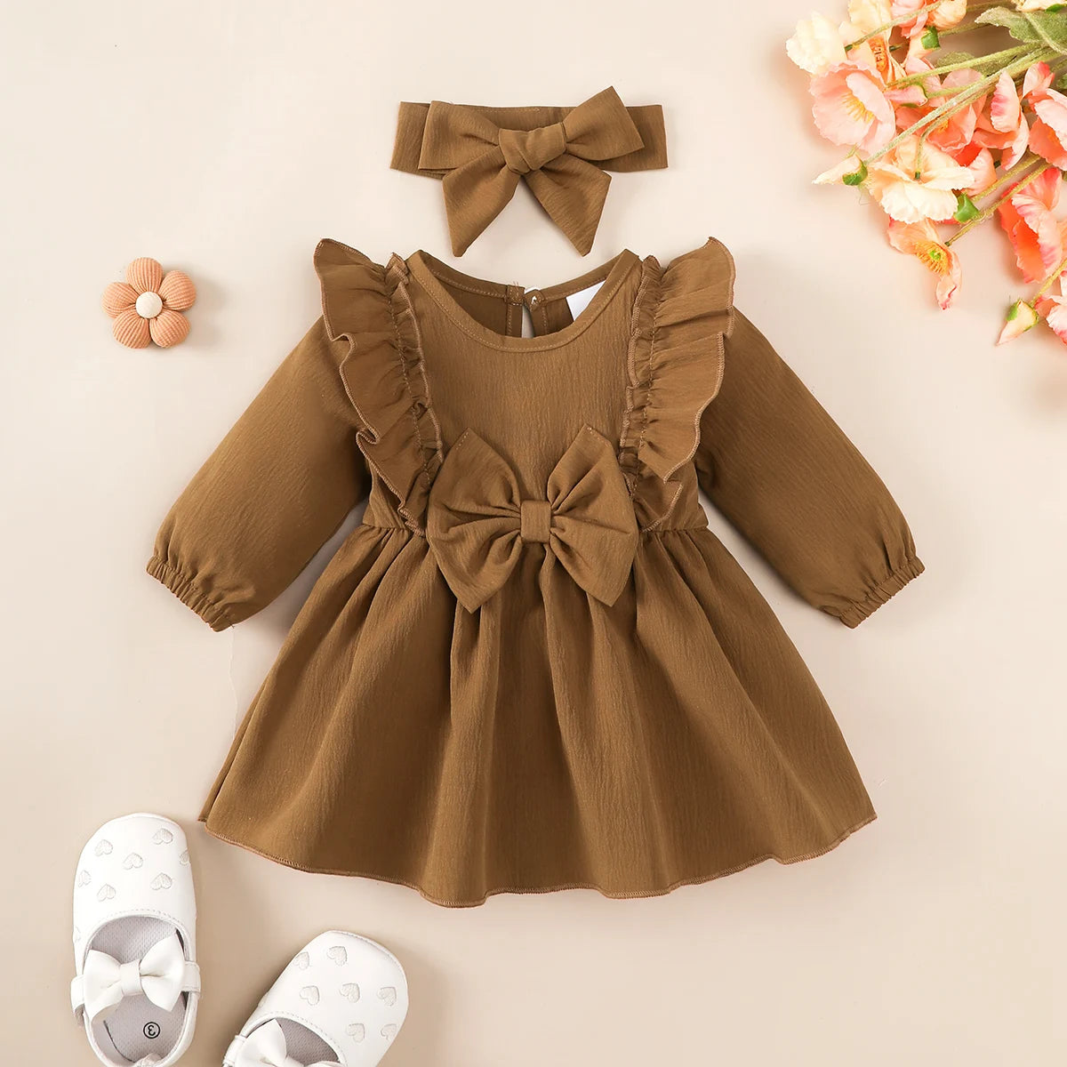 Baby girl Autumn Dress Ruffled Edges and Bow, Long sleeved Dress+Headband for 0-18 Months Cute Baby girl Holiday Party Costume