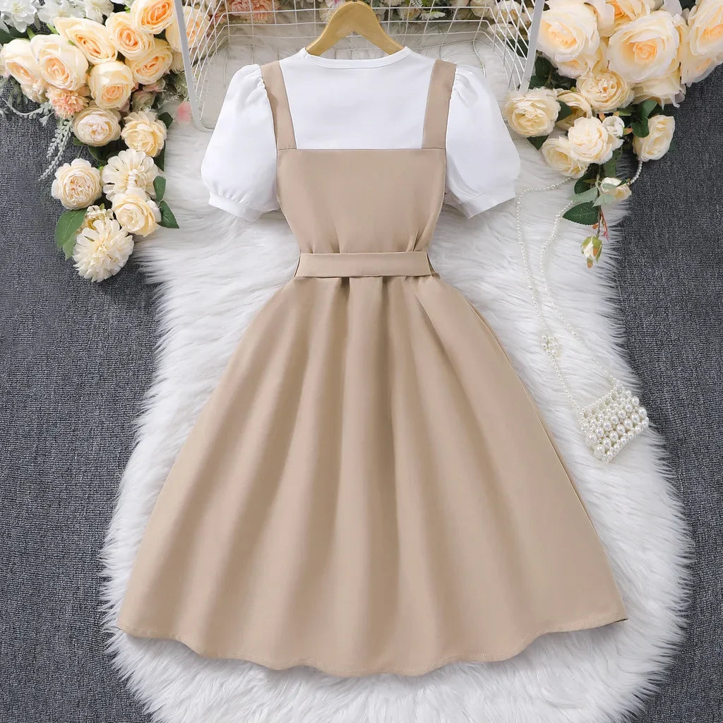 8-12Yrs Girl Dress Summer Khaki and White Short Sleeve Children Dresses Simple Fashion Teen Girl Clothes Party Big KIds Outfit