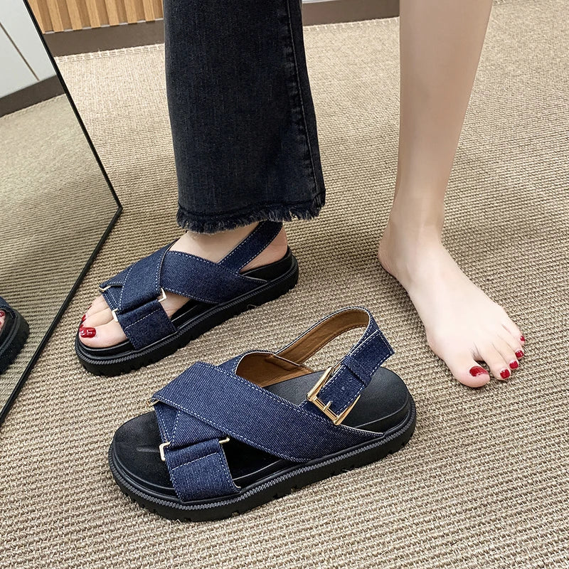 Denim Cross-strap Thick Sole Sandals Women 2025 New Summer Platform Shoes  Woman Outdoor Casual Sports Beach Shoes Slippers