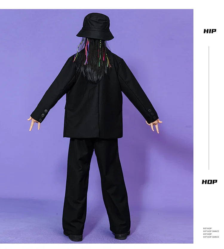 Kids Hip Hop Dance Costume Boys Girls Blazer Pants Set Streetwear Outfit for Stage Performance Competition Jazz Dance Photoshoot